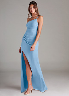 Azazie Eren Vestidos de damas de honor Vestido de Azul Pálido de Gasa de Corte Recto con Hombro unilateral image5