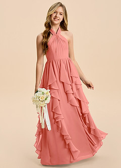 Azazie Daisy Junior Salmon Pink A-Line Chiffon Dress image3