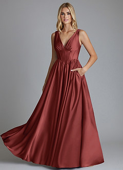 Azazie Delmie Robes de demoiselle d'honneur Robe Trapèze en Satin extensible Corset Terracotta image6