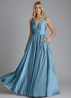 Azazie Delmie Abiti da Damigella Abito A-Line in Raso Elasticizzato Corsetto Blu Acciaio image6