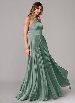 Azazie Afra Abiti da Damigella Abito A-Line in Raso Elasticizzato Plissettato Salvia Argentata image3