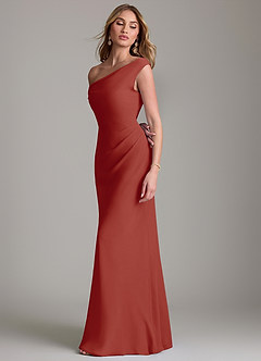 Azazie Emerson Bridesmaid Dresses Terracotta Sheath Off the Shoulder Chiffon Dress image6