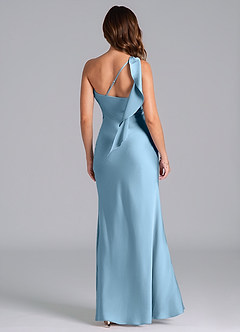 Azazie Driea Vestidos de damas de honor Vestido de Azul Acero de Satén Elástico de Corte Sirena con Hombro unilateral image2
