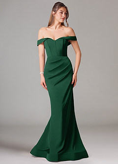 Azazie Everly Robes de demoiselle d'honneur Robe Sirène Convertible en Satin extensible Épaule décolletée Vert Foncé image3