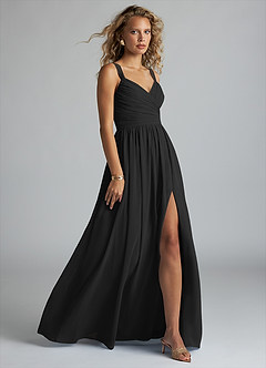 Azazie Aziza Bridesmaid Dresses Black A-Line V-Neck Pleated Chiffon Dress image3