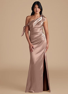 Azazie Xyla Bridesmaid Dresses Taupe Sheath Off the Shoulder Metallic Satin Convertible Dress image1