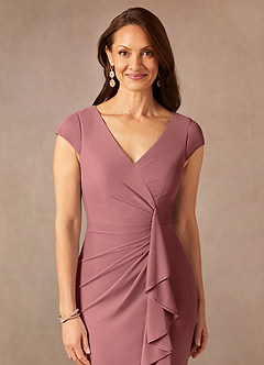 Azazie Renetta Final Sale Desert Rose Sheath V-Neck Pleated Mesh Dress image6