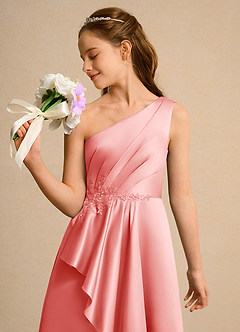 Azazie Taffy Junior Formal Robe Demoiselle D'honneur Fillette Robe Trapèze en Mat Satiné Dentelle Corail image6