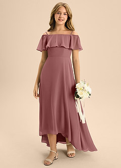 Azazie Maggie Junior Desert Rose A-Line Off the Shoulder Chiffon Dress image3