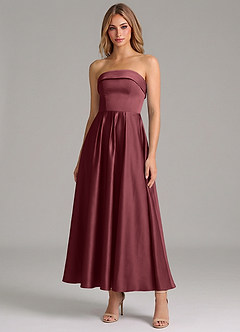 Azazie Lucienne 신부 들러리 드레스 A라인 주름진 스트레치 새틴 발목 길이 드레스 image1