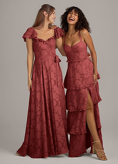 Azazie Aricella Bridesmaid Dresses Terracotta A-Line Corset Floral Burnout Dress image2