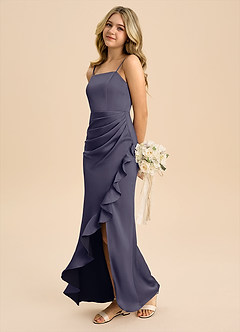 Azazie Buzzy Junior Robe Fourreau en Satin extensible Plissée Bleu Orageux image6