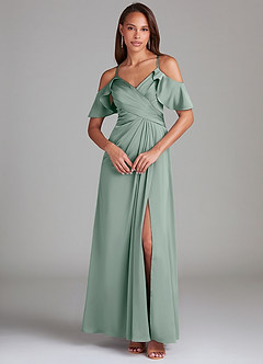 Azazie Dakota At-home Try On Dresses Emerald A-Line Off the Shoulder Stretch Satin Dress image3