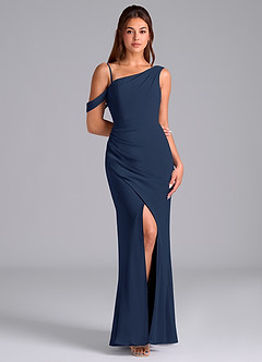 Azazie Madelyn Bridesmaid Dresses Dark Navy Mermaid Off the Shoulder Chiffon Convertible Dress image3