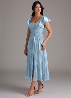 Azazie Bondi Bridesmaid Dresses Sky Blue A-Line Ruched Floral Burnout Dress image3