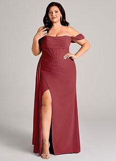Azazie Amyra Bridesmaid Dresses Pomegranate Sheath Off the Shoulder Chiffon Convertible Dress image10