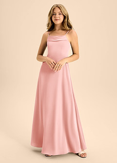 Azazie Anselie Junior Powder Pink A-Line Off the Shoulder Stretch Satin Dress image3