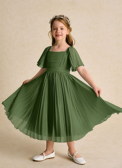 Azazie Gisele Robe Demoiselle D'honneur Fillette Robe Trapèze en Mousseline de soie Plissée Olive image4