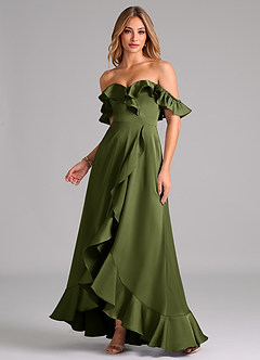 Azazie Lyra Bridesmaid Dresses Olive A-Line Off the Shoulder Stretch Satin Convertible Dress image1