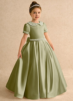Azazie Gabriella Flower Girl Dresses Moss Green Ball-Gown with Sleeves Matte Satin Dress image5
