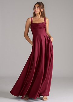 Azazie Shaude Bridesmaid Dresses Burgundy A-Line Pleated Stretch Satin Dress image4