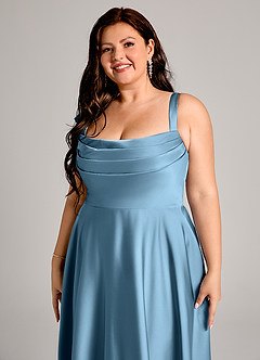 Azazie Shaude Robes de demoiselle d'honneur Robe Trapèze en Satin extensible Plissée Acier Bleuté image9