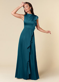 Azazie Narine Kleider für die Brautmutter A-Linie Hoher Ausschnitt Plissee Stretch-Satin Kleid Tintenblau image1