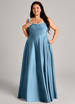 Azazie Shaude Bridesmaid Dresses Steel Blue A-Line Pleated Stretch Satin Dress image4