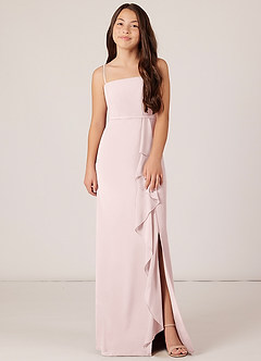 Azazie Kaylee Junior Blushing Pink A-Line with Belt Chiffon Dress image1