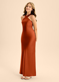 Azazie Doretta Junior Paprika A-Line Pleated Stretch Satin Dress image3