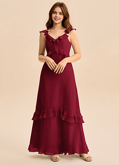 Azazie Tavie Junior Burgundy A-Line Ruched Chiffon Dress image1