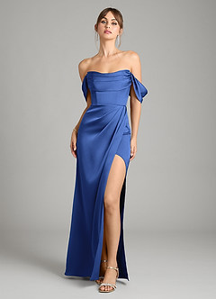 Azazie Johana Bridesmaid Dresses Royal Blue Mermaid Off the Shoulder Stretch Satin Convertible Dress image6