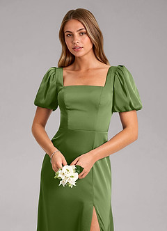 Azazie Fyona Vestidos de damas de honor Vestido de Enebro de Satén Elástico de Corte en A con Plisado image6