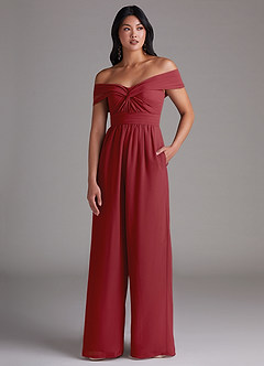 Azazie Lamara Bridesmaid Dresses Pomegranate Off the Shoulder Chiffon Convertible Jumpsuit image1