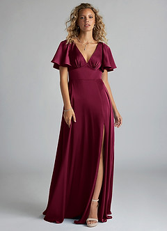 Azazie Kimber Bridesmaid Dresses Burgundy A-Line Ruched Stretch Satin Dress image3
