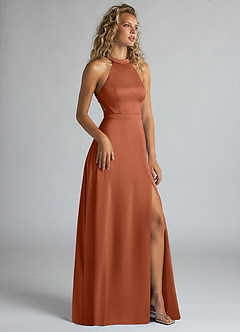 Azazie Clarice Robes de demoiselle d'honneur Robe Trapèze en Satin extensible Col Haut Rose De Cèdre image2