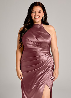Azazie Jemma Bridesmaid Dresses Vintage Mauve Sheath Pleated Metallic Satin Dress image12