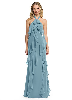 Azazie Velma Bridesmaid Dresses Moody Blue A-Line Side Slit Chiffon Dress image1