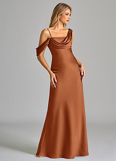 Azazie Celina Bridesmaid Dresses Copper Sheath Off the Shoulder Stretch Satin Dress image5