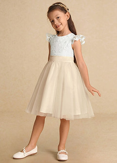 Azazie Vetty Flower Girl Dresses Ivory Champagne A-Line Lace Tulle Dress image3