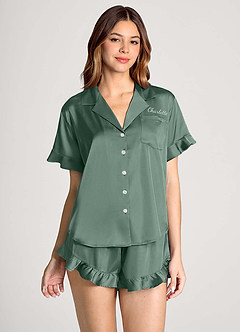 front 매칭 컬러 개인 자수 이름 주름 장식 반팔 파자마 세트