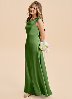 Azazie Kiki Junior Basil A-Line Bow Stretch Satin Dress image3