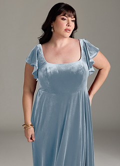 Azazie Bondi Bridesmaid Dresses Dusty Blue A-Line Side Slit Velvet Dress image11