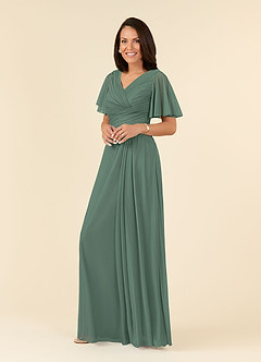 Azazie Emmeline Mother of the Bride Dresses Eucalyptus A-Line V-Neck Pleated Mesh Dress image3
