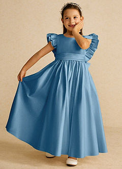 Azazie Piglette Flower Girl Dresses Steel Blue A-Line Bow Matte Satin Dress image6