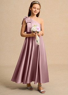 Azazie Guppy Girl Blumenmädchenkleider A-Linie One-Shoulder Matte Satin Kleid Altrosa image1