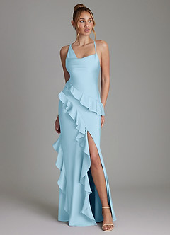 Azazie Jayda 신부 들러리 드레스 A라인 셔링 스트레치 새틴 바닥 길이 드레스 image1