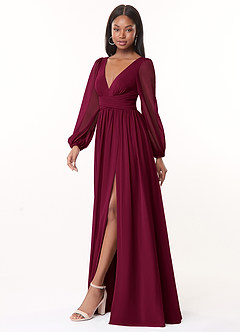 Azazie Norah Robes de demoiselle d'honneur Robe Trapèze en Mousseline de soie Col en V, manches longues Bourgogne image4