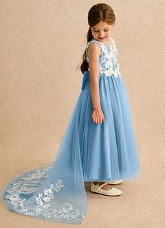 Azazie Mixie vestidos de niña de las flores Vestido de Azul Acero de Encaje de Corte Princesa image3