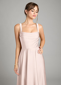 Azazie Shaude Bridesmaid Dresses Blushing Pink A-Line Pleated Stretch Satin Dress image3